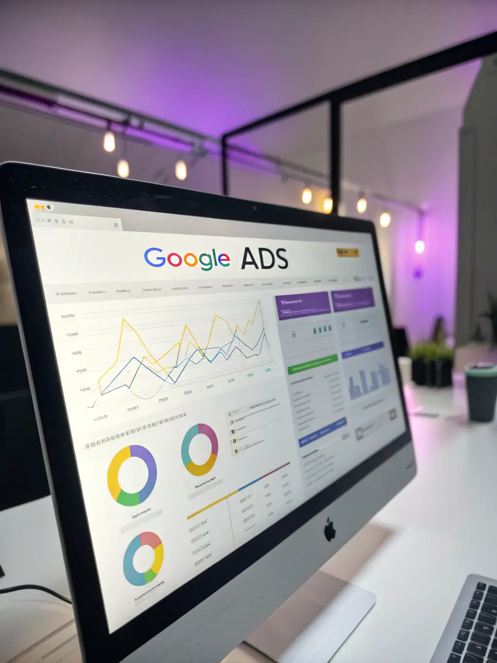 A visual representation of Google Ads management, displaying targeted ads and campaign performance metrics.