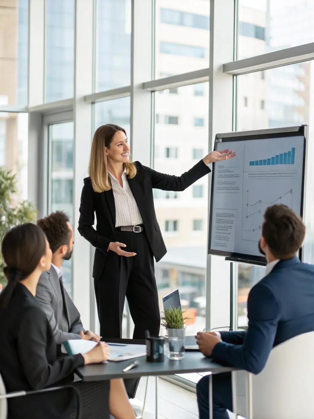 A professional showcasing contract sales strategies in a modern office setting, emphasizing client engagement and deal closing.